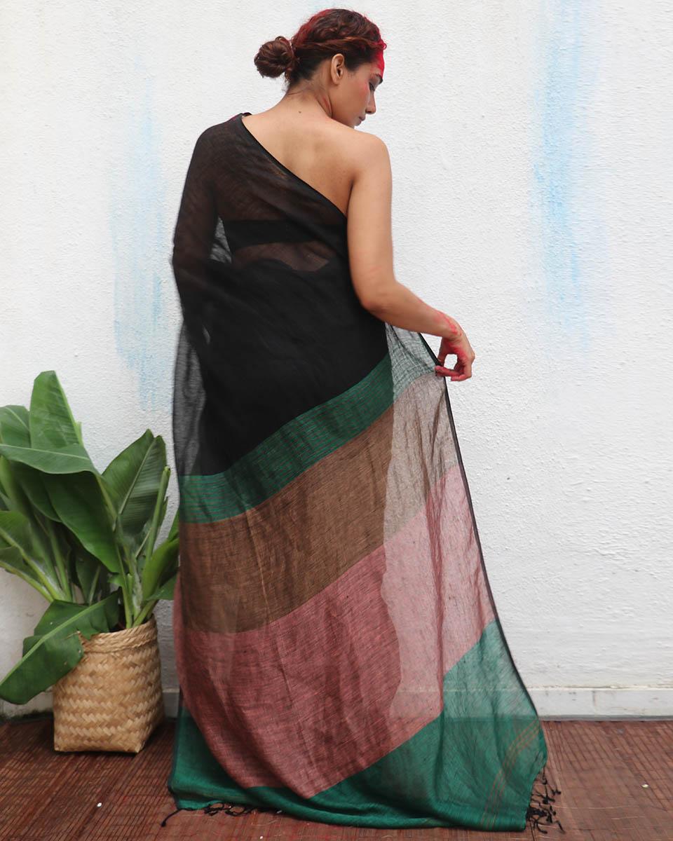 Kalavati Handwoven Linen Saree - Kaali