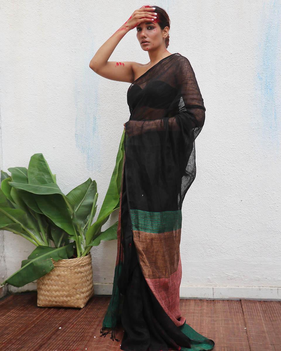 Kalavati Handwoven Linen Saree - Kaali