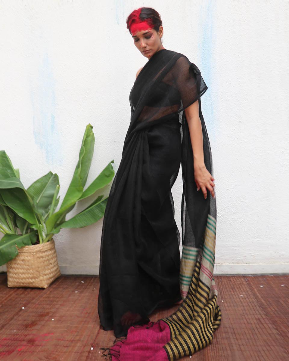 Vajrangi Handwoven Linen Saree - Kaali