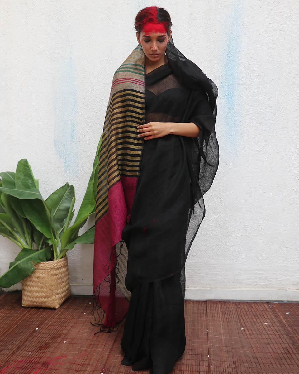 Vajrangi Handwoven Linen Saree - Kaali