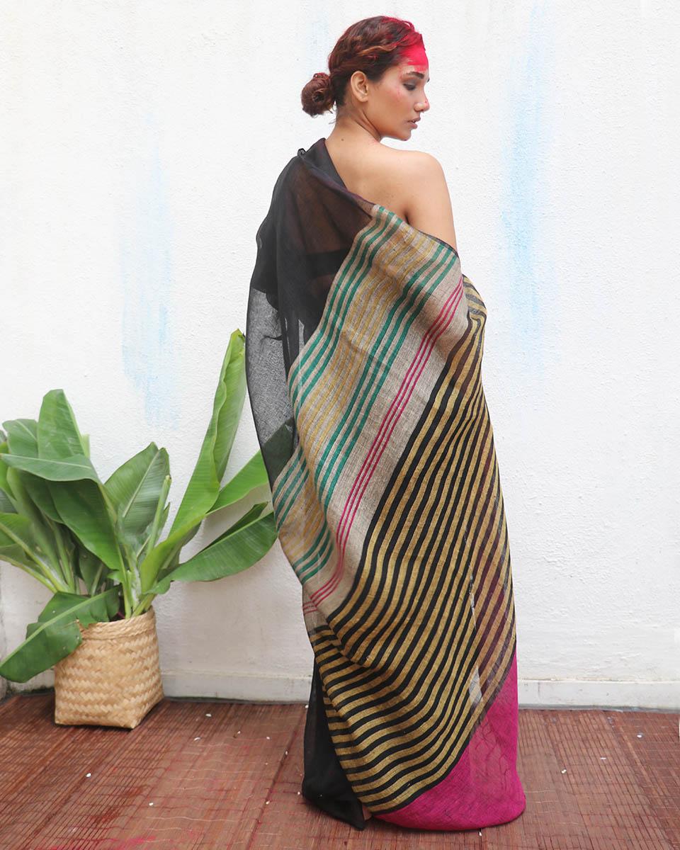 Vajrangi Handwoven Linen Saree - Kaali