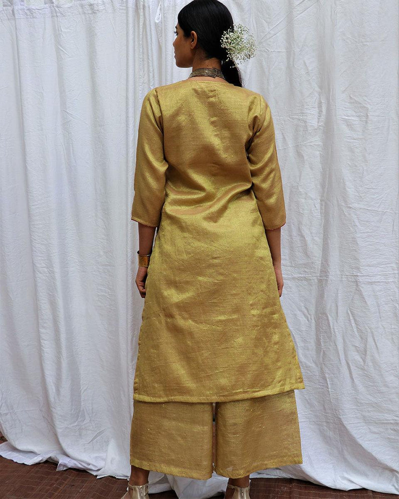Cotton Ikat Inspired Kurta Set with Zari embroidered neckline and Bandhej Dupatta