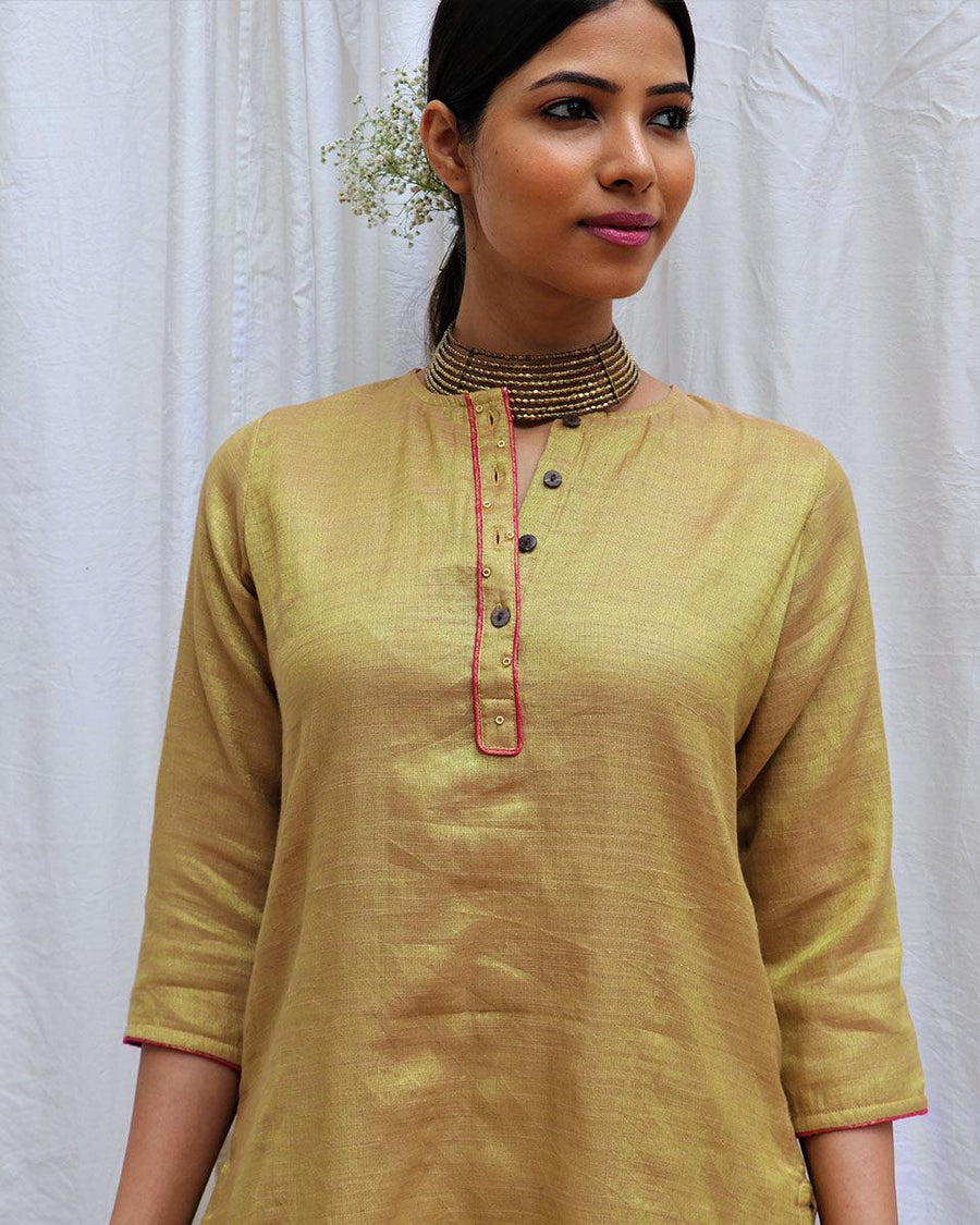 Grey Yarn Dyed Cotton Zari Straight Kurta and Trouser Set