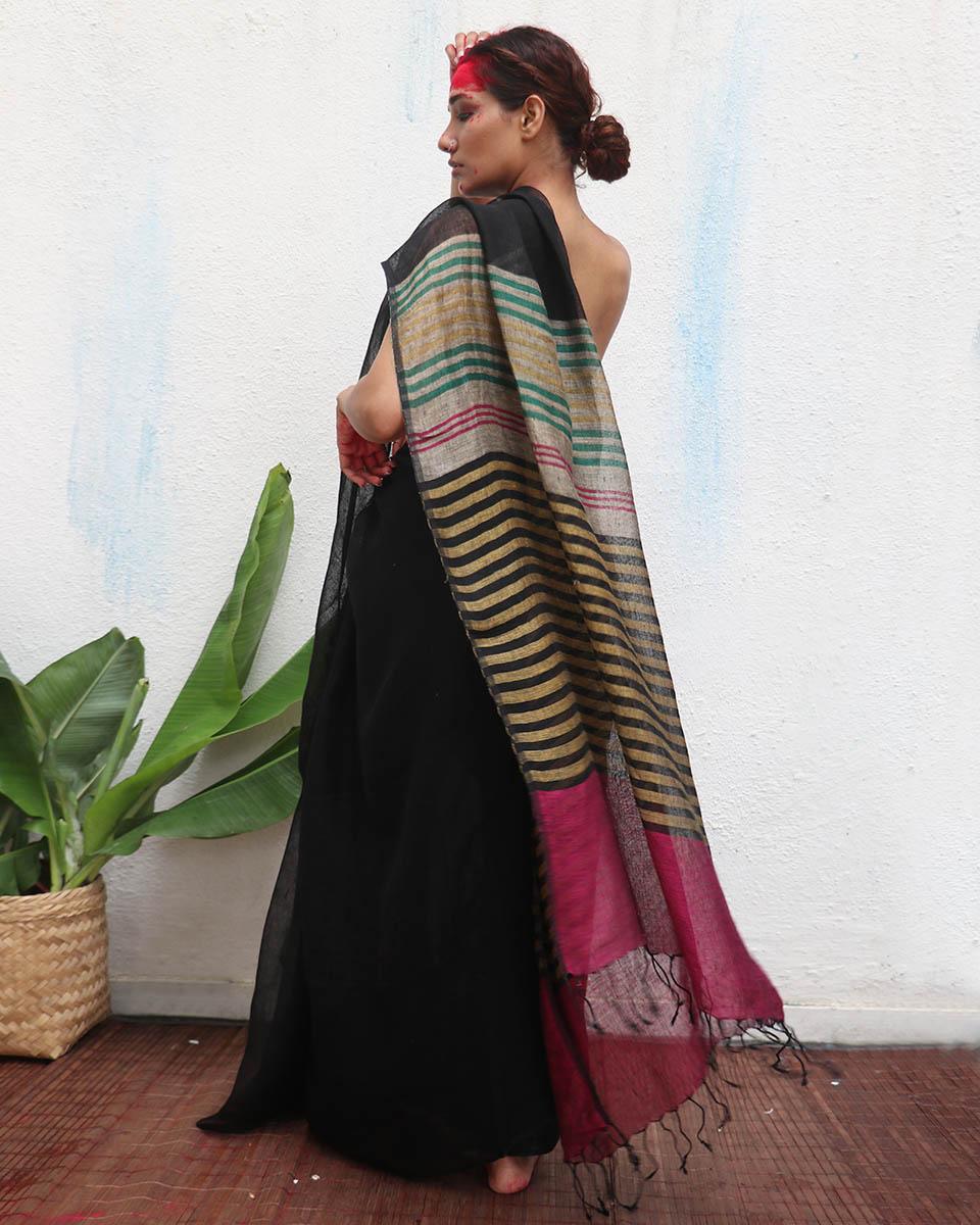 Vajrangi Handwoven Linen Saree - Kaali