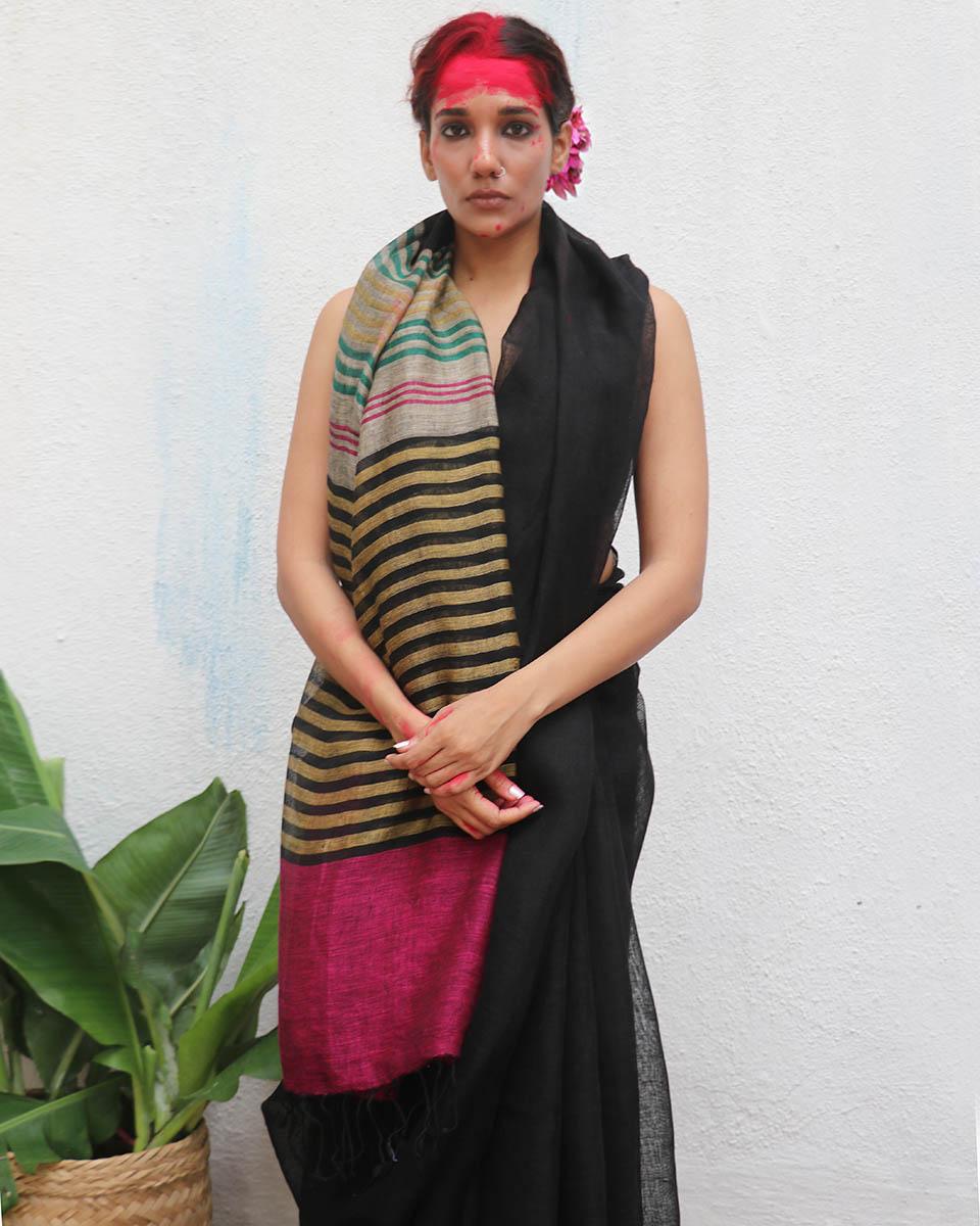 Vajrangi Handwoven Linen Saree - Kaali