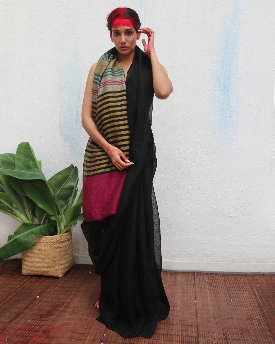 Vajrangi Handwoven Linen Saree - Kaali