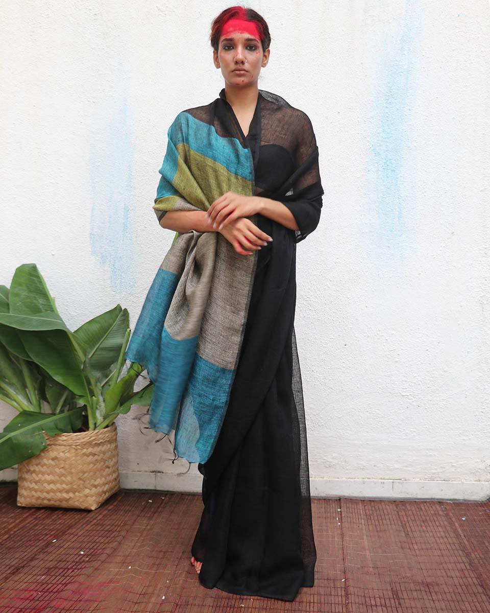 Virupakshi Handwoven Linen Saree - Kaali