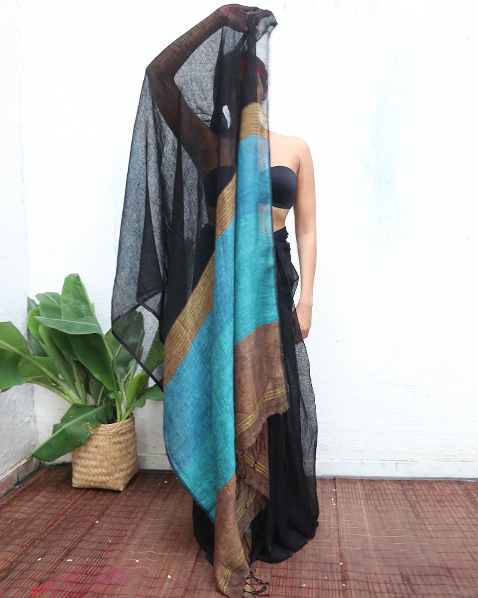 Mahamaya Handwoven Linen Saree - Kaali