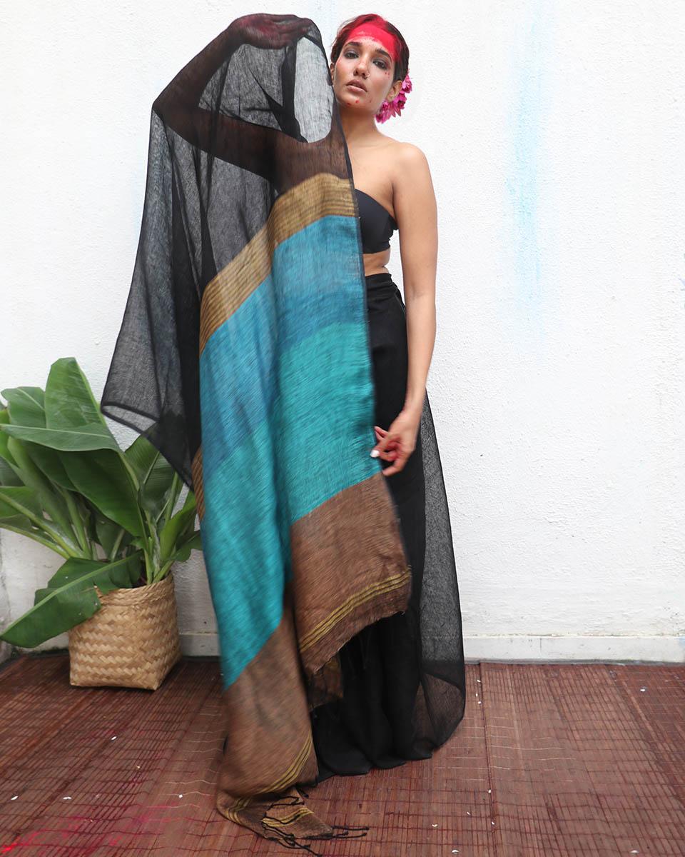 Mahamaya Handwoven Linen Saree - Kaali