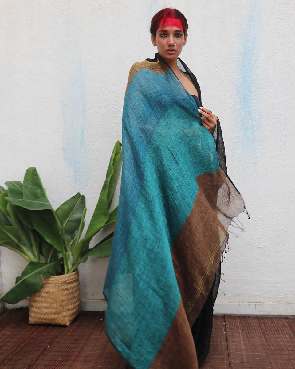 Mahamaya Handwoven Linen Saree - Kaali