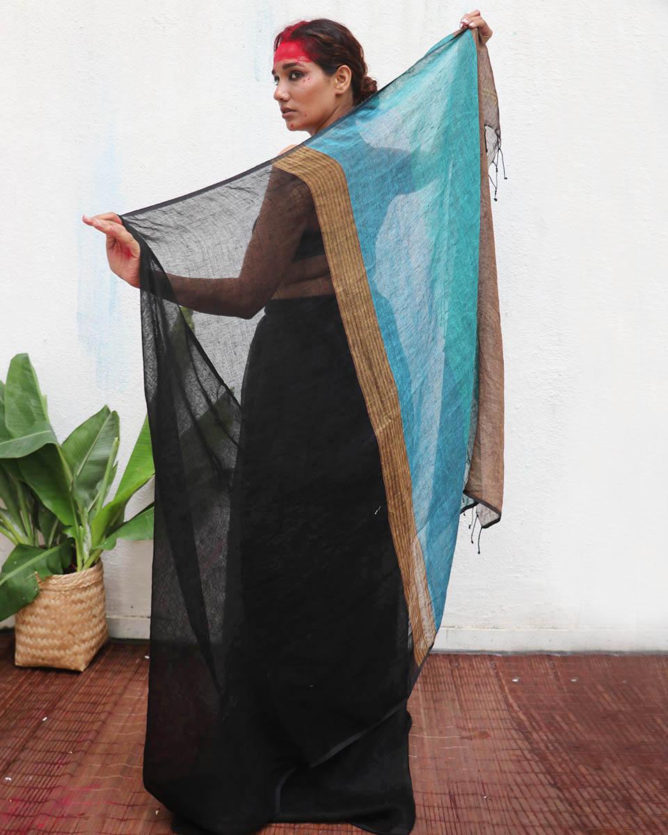 Mahamaya Handwoven Linen Saree - Kaali