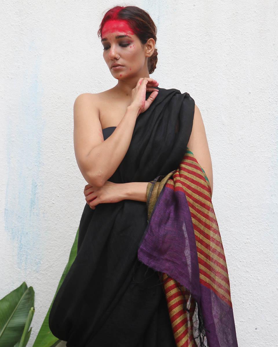 Devakanya Handwoven Linen Saree - Kaali