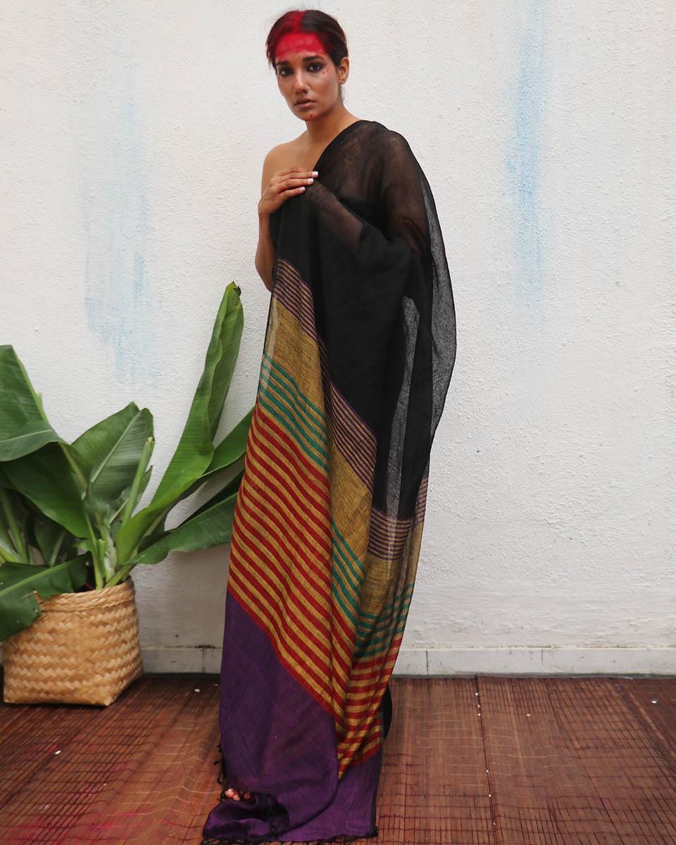 Devakanya Handwoven Linen Saree - Kaali