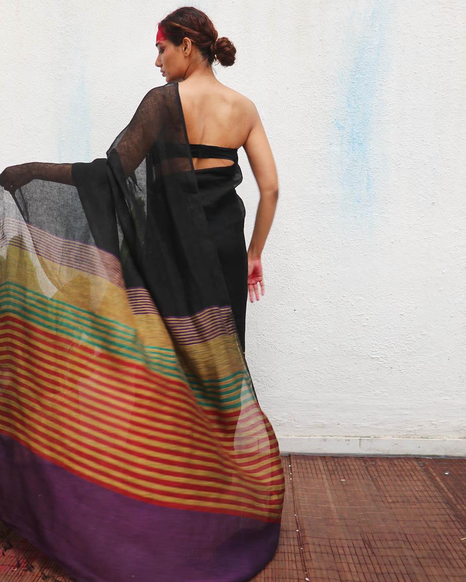 Devakanya Handwoven Linen Saree - Kaali