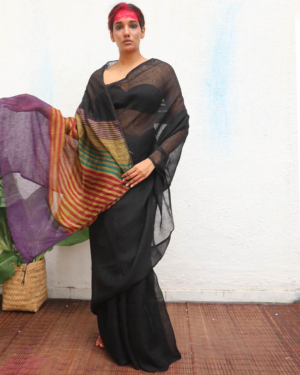 Devakanya Handwoven Linen Saree - Kaali