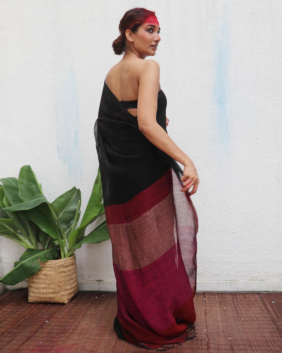 Maheshwari Handwoven Linen Saree - Kaali