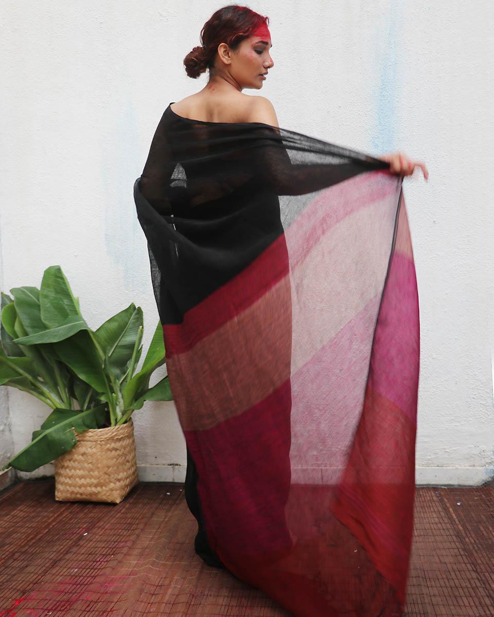 Maheshwari Handwoven Linen Saree - Kaali