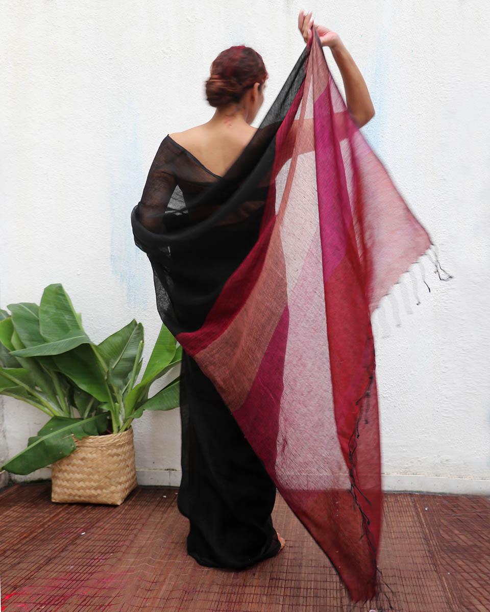 Maheshwari Handwoven Linen Saree - Kaali