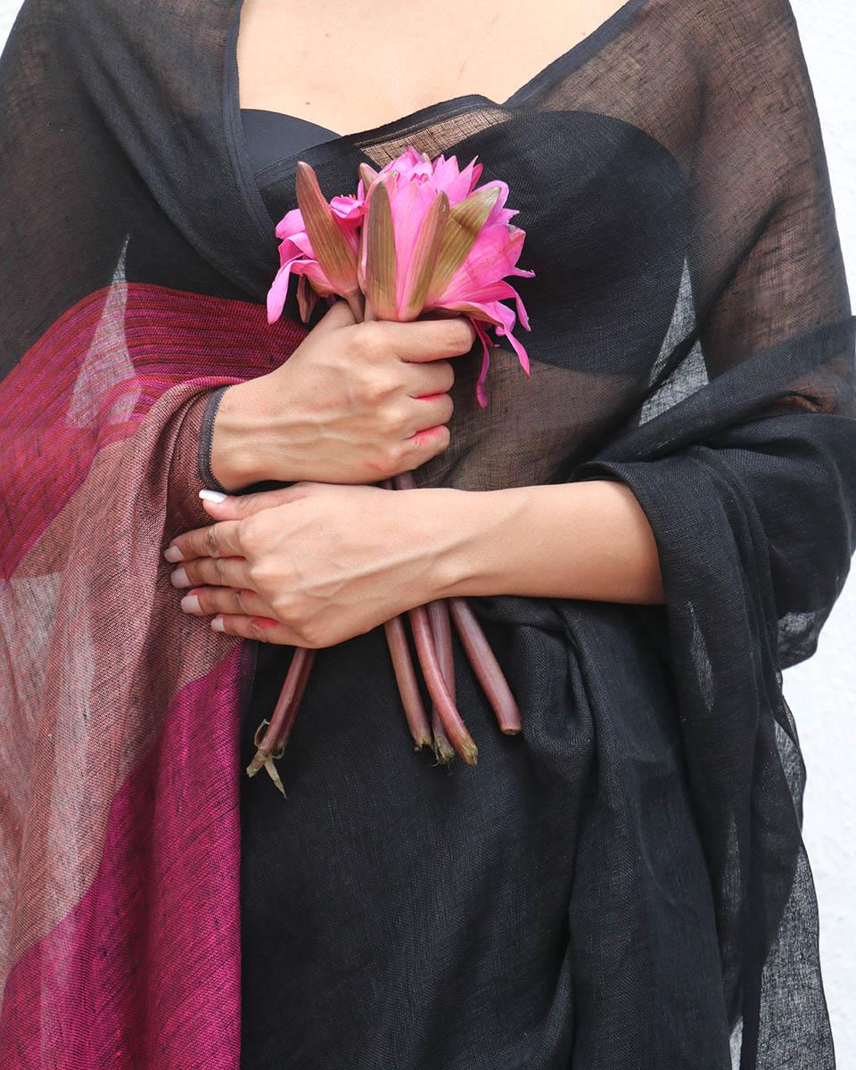 Maheshwari Handwoven Linen Saree - Kaali