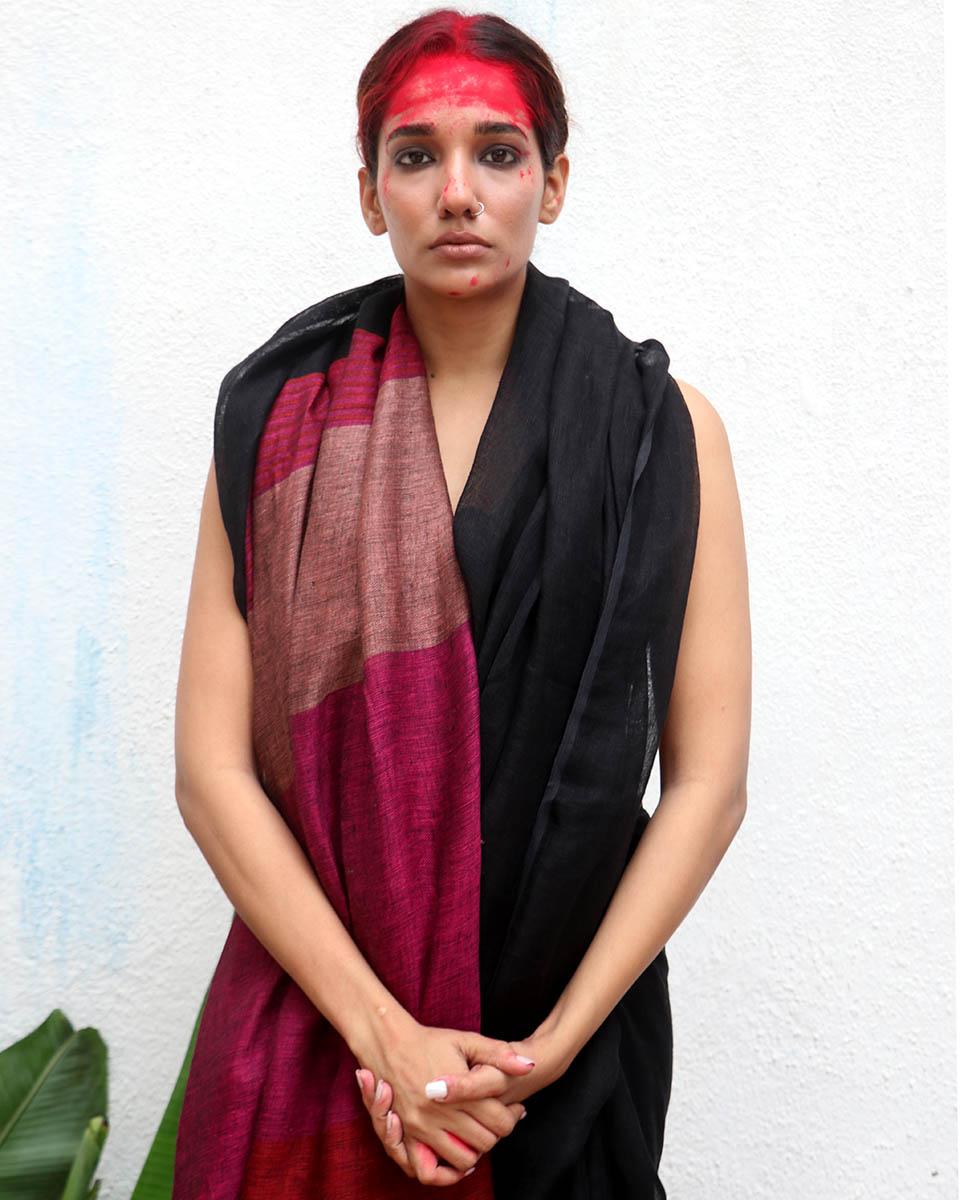 Maheshwari Handwoven Linen Saree - Kaali