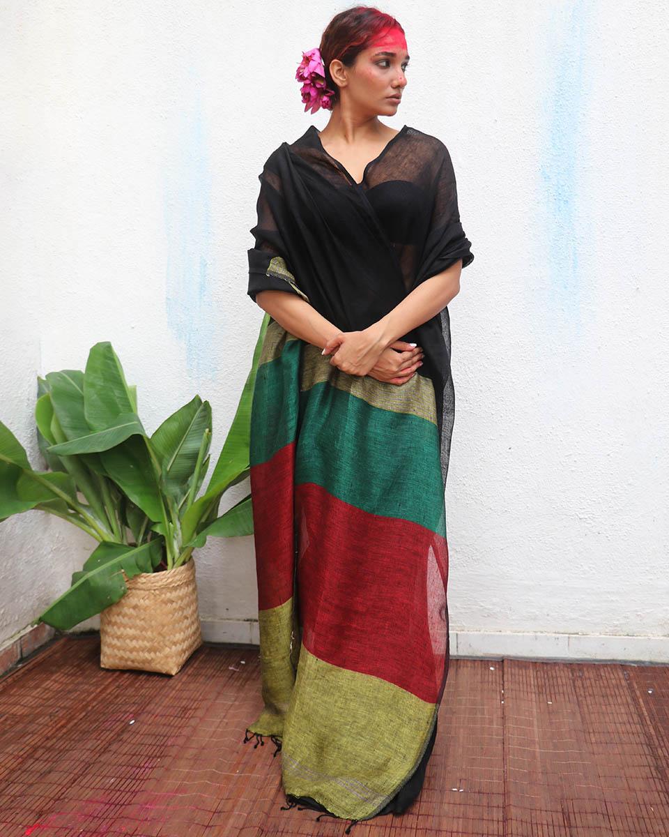 Yogini Handwoven Linen Saree - Kaali