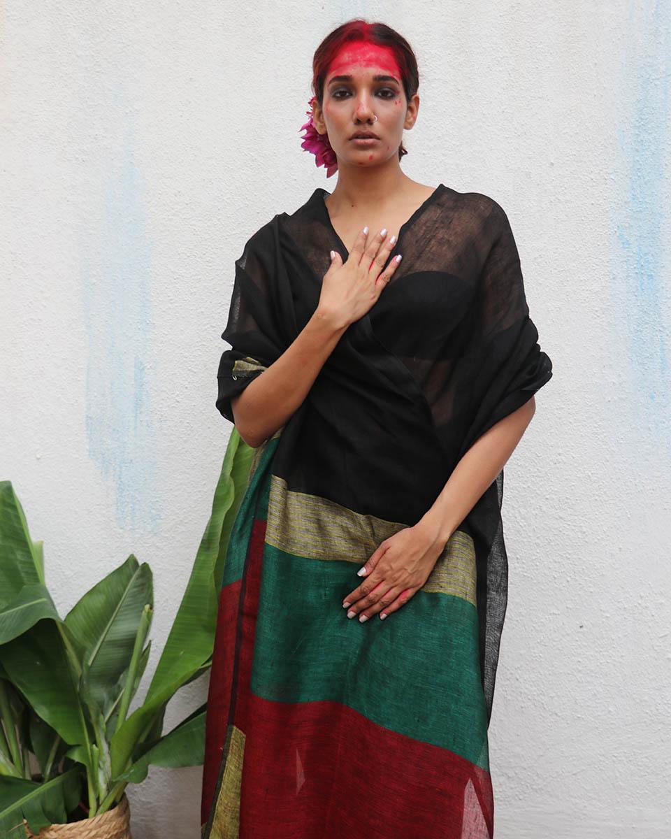 Yogini Handwoven Linen Saree - Kaali