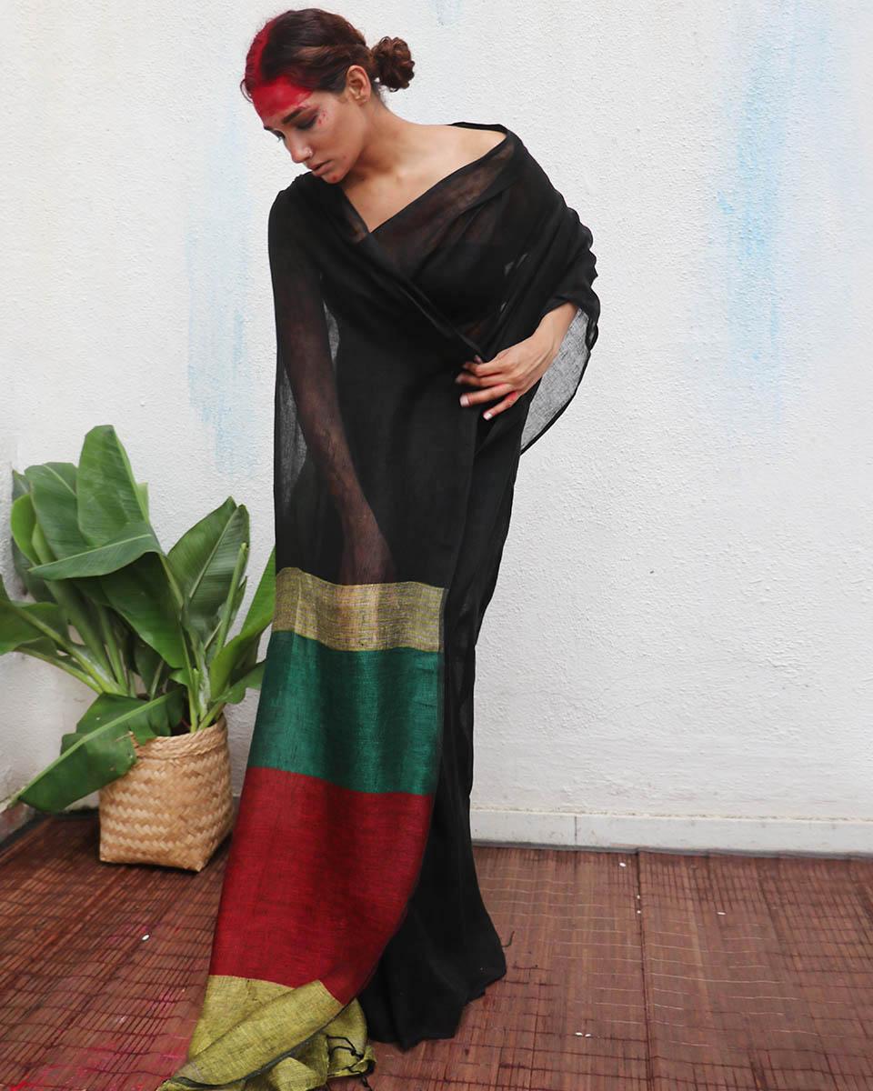 Yogini Handwoven Linen Saree - Kaali