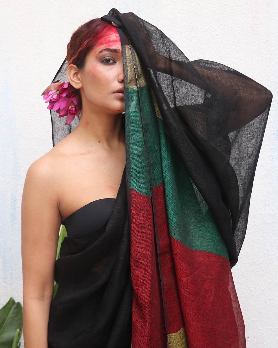 Yogini Handwoven Linen Saree - Kaali