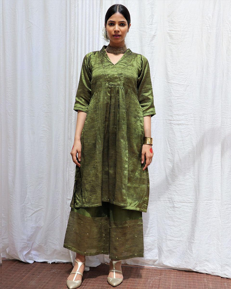 Grey Slate Brown Ombre Silk Kurta with Zari Detailed Placket with CSP Pants (2 pc) main image 0
