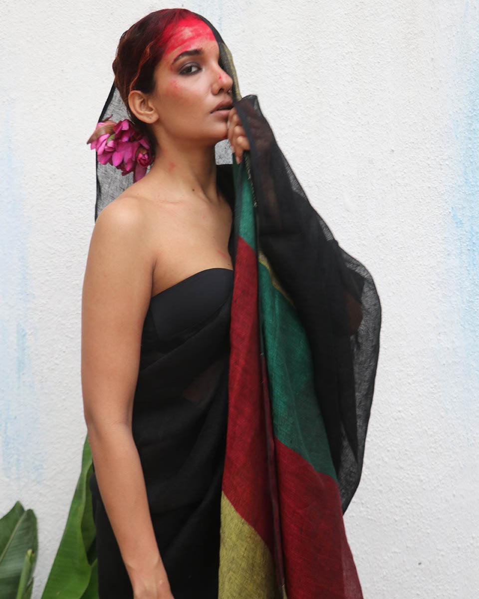 Yogini Handwoven Linen Saree - Kaali