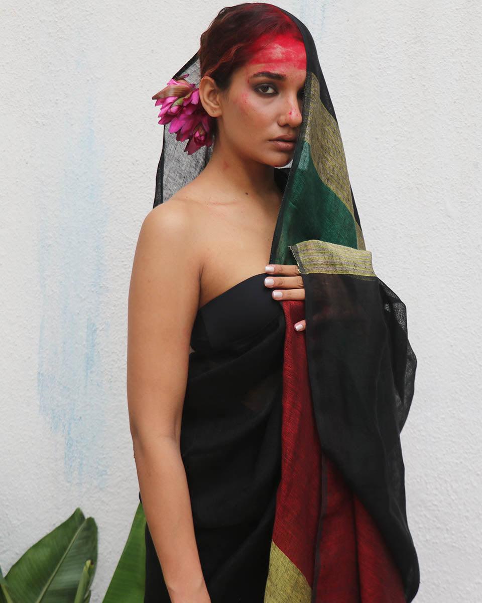 Yogini Handwoven Linen Saree - Kaali