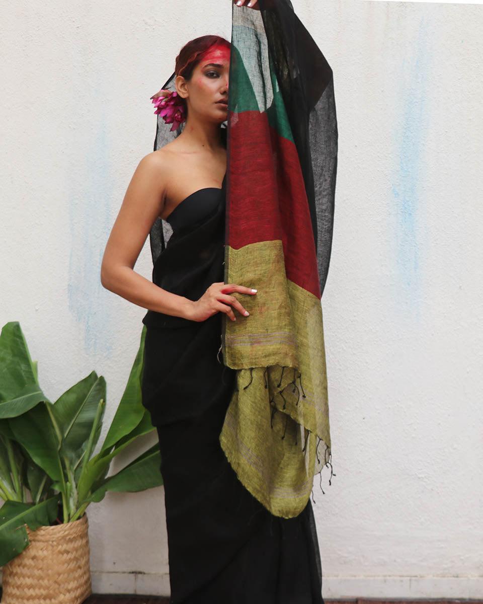 Yogini Handwoven Linen Saree - Kaali