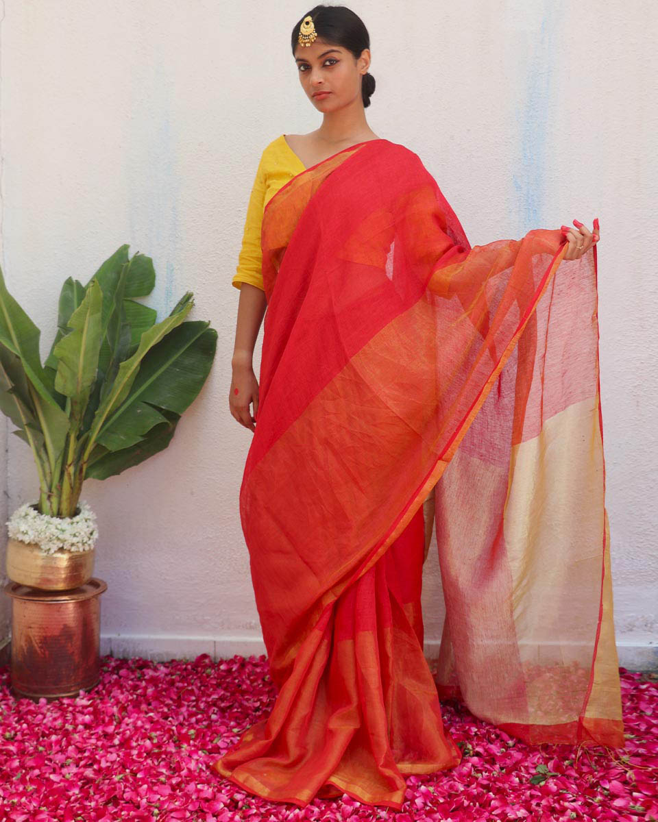 Chandni Handwoven Linen Zari Saree - Eknoor