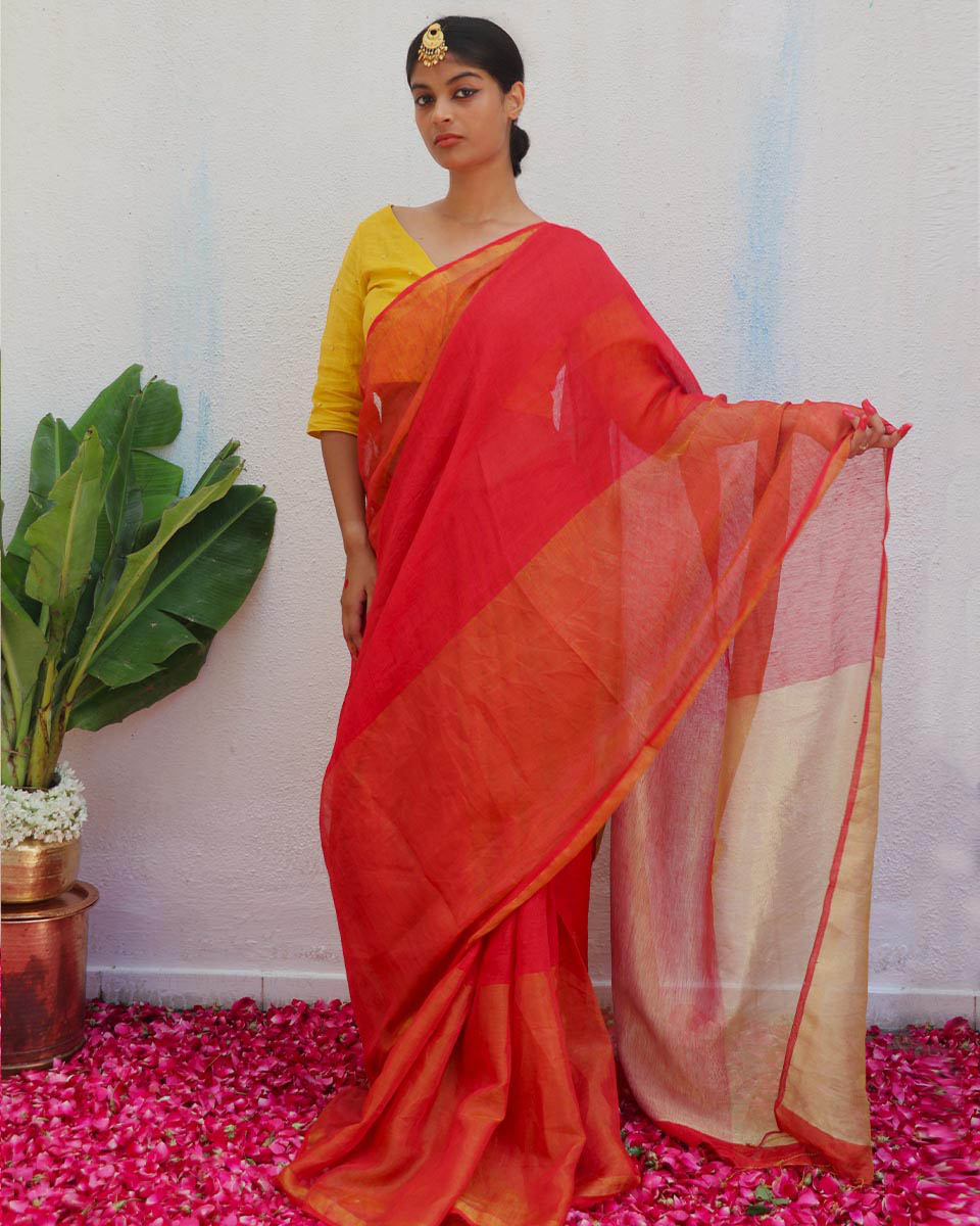 Chandni Handwoven Linen Zari Saree - Eknoor