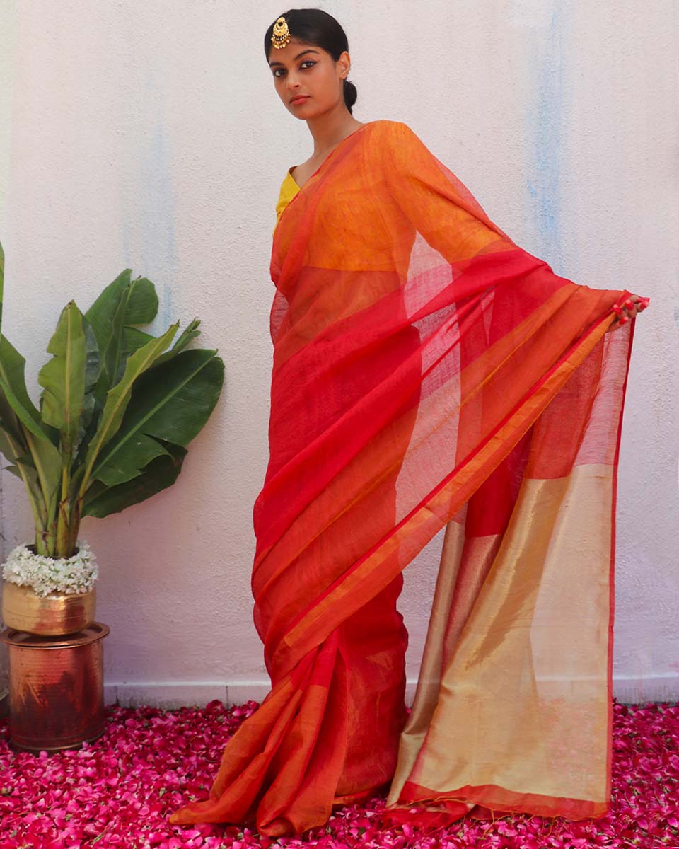 Chandni Red Handwoven Linen Zari Saree - Eknoor