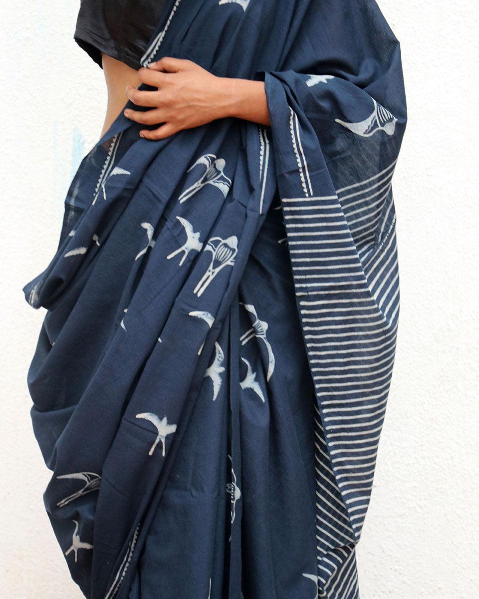 Indigo Bird Hand Blockprinted Cotton Saree - Fmtm