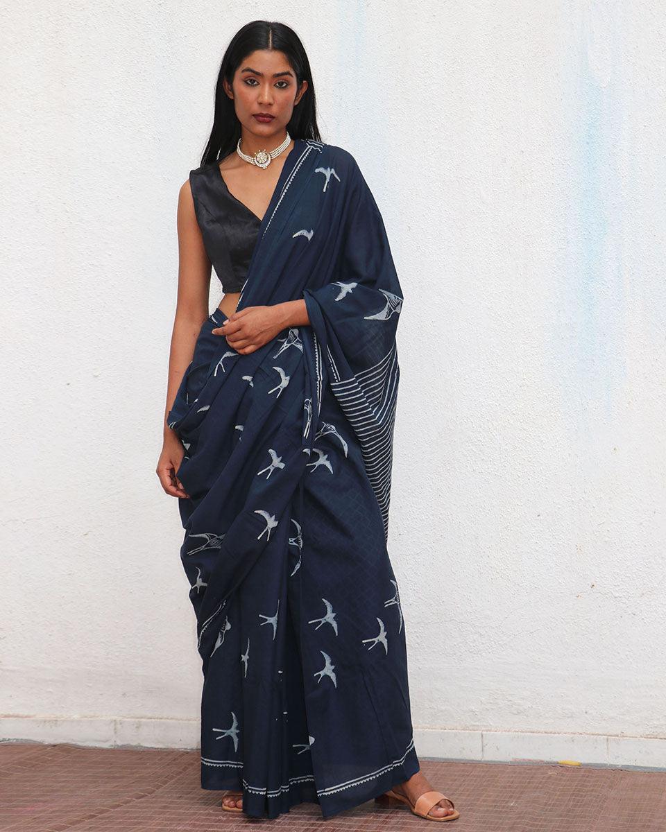 Indigo Bird Hand Blockprinted Cotton Saree - Fmtm