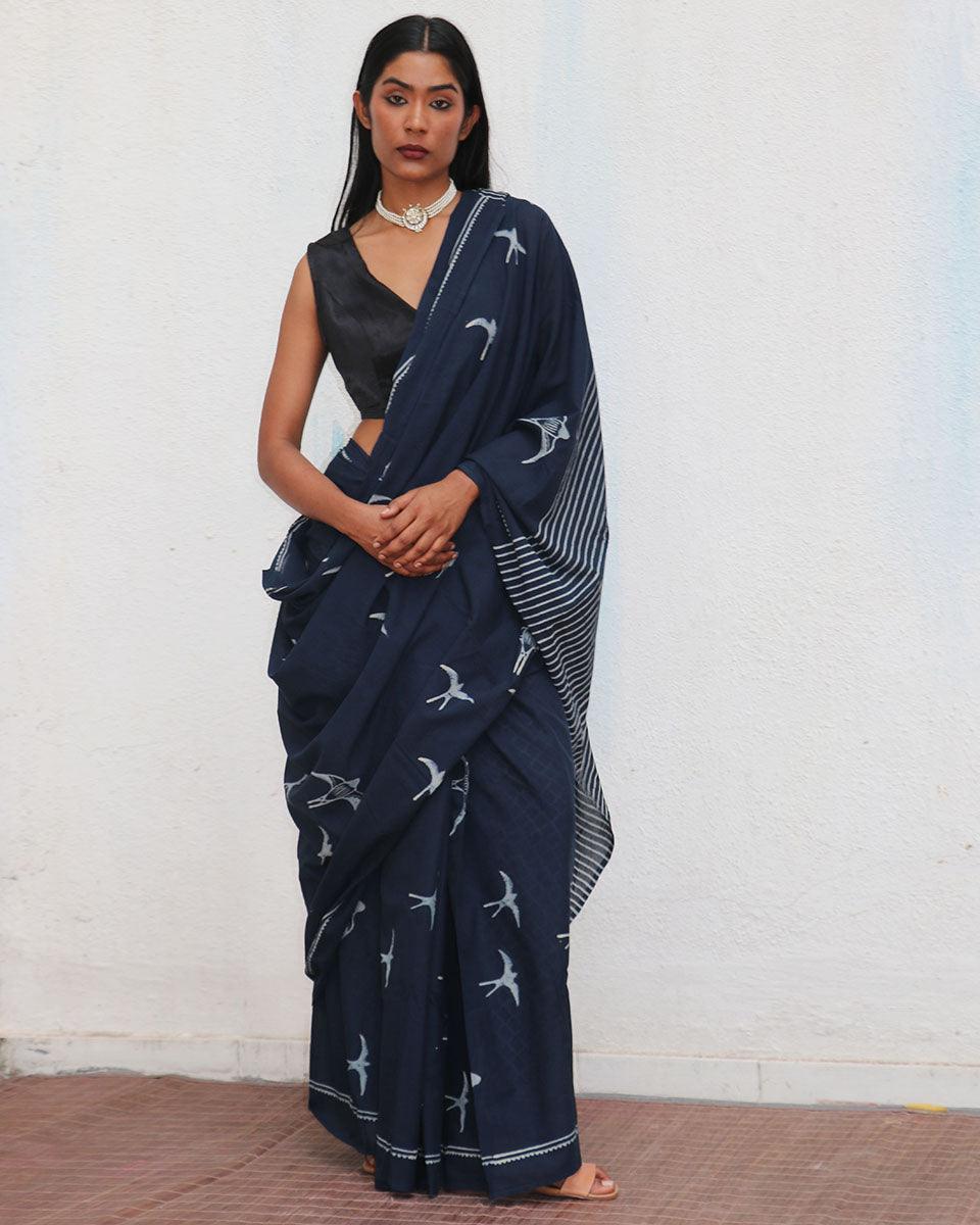 Indigo Bird Hand Blockprinted Cotton Saree - Fmtm