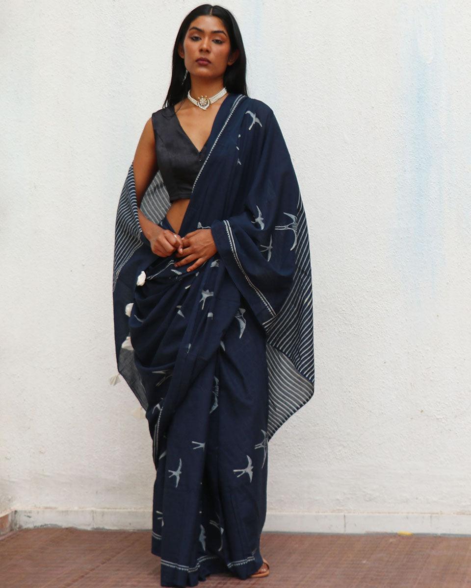 Indigo Bird Hand Blockprinted Cotton Saree - Fmtm