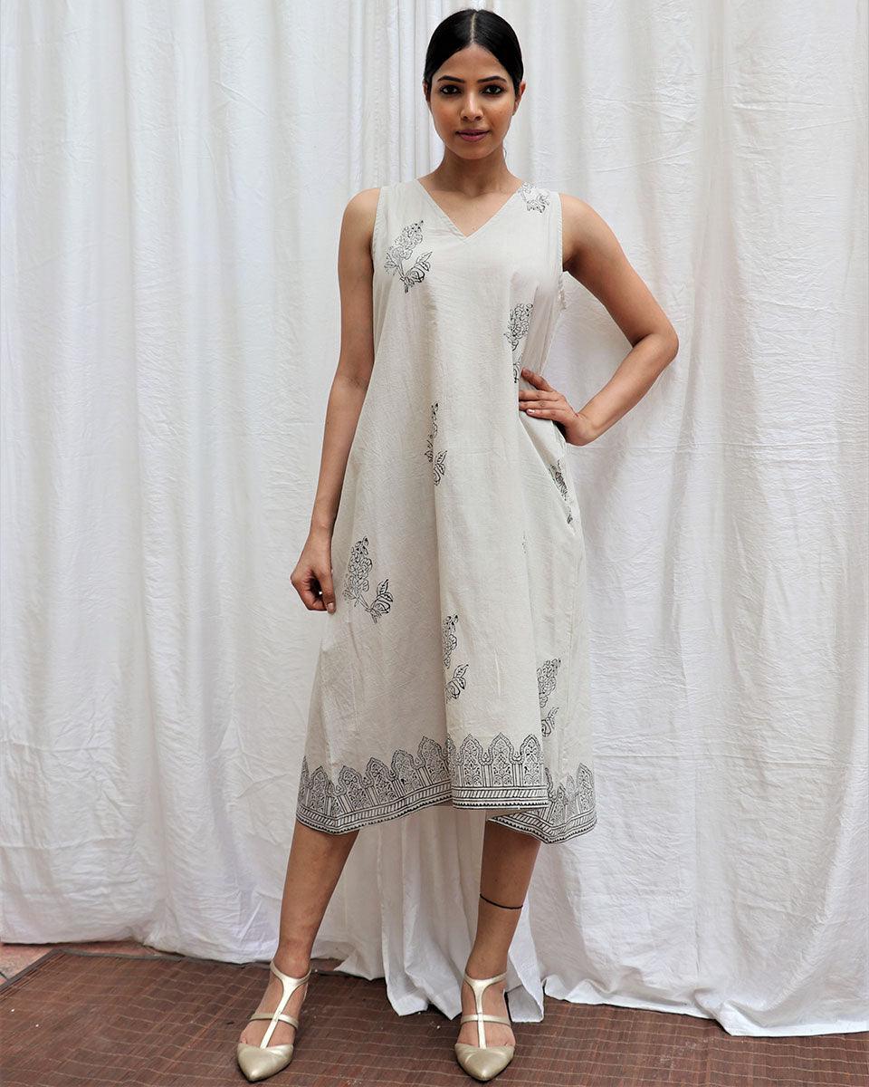 Ivory Mist Handblockprinted Cotton Dress-Sor