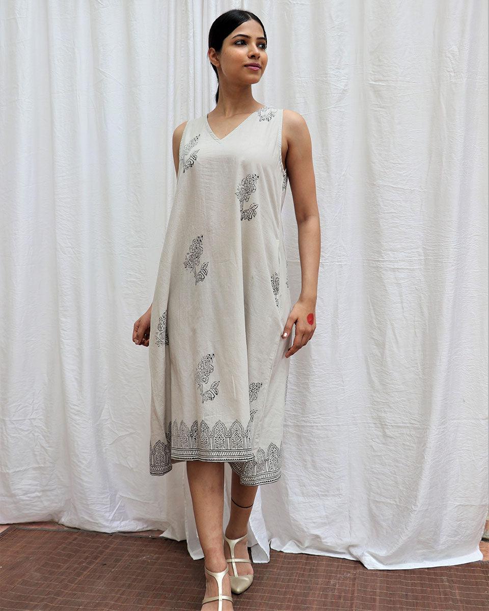 Ivory Mist Handblockprinted Cotton Dress-Sor