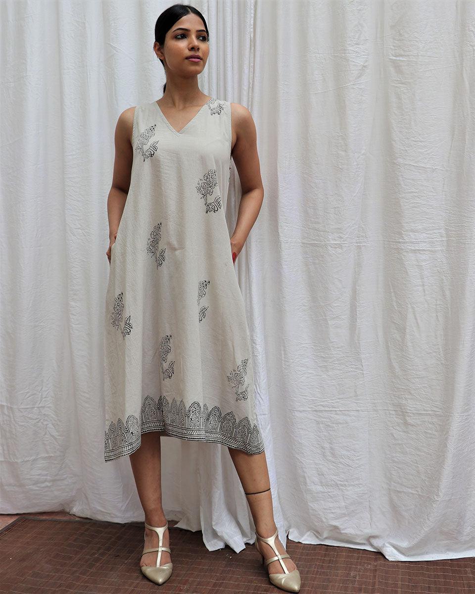 Ivory Mist Handblockprinted Cotton Dress-Sor