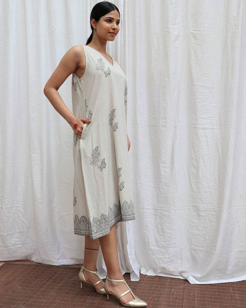 Ivory Mist Handblockprinted Cotton Dress-Sor
