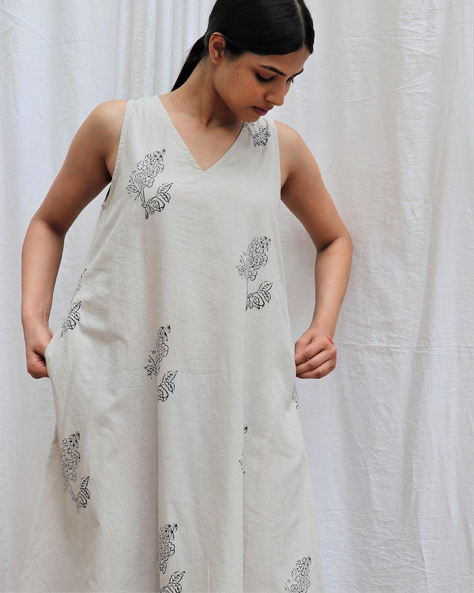 Ivory Mist Handblockprinted Cotton Dress-Sor