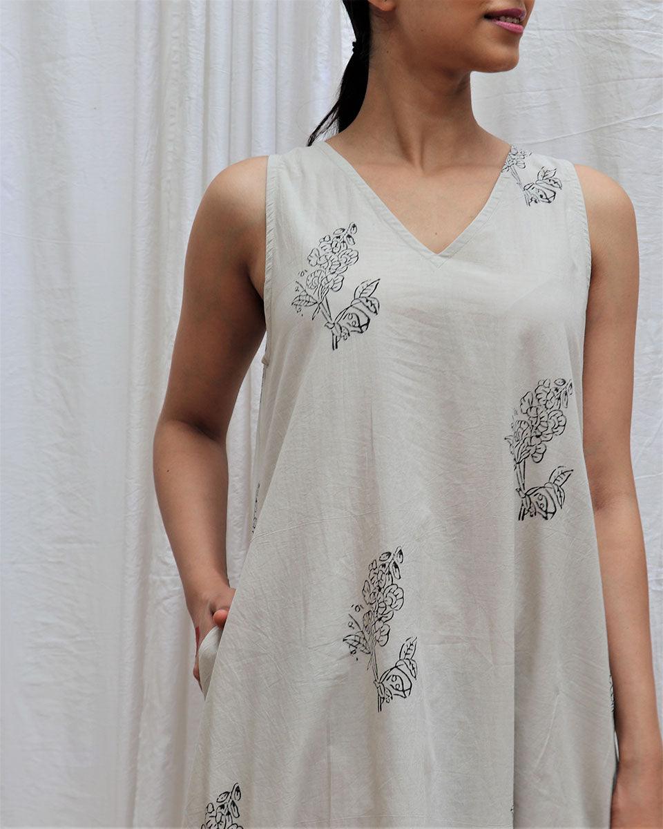 Ivory Mist Handblockprinted Cotton Dress-Sor