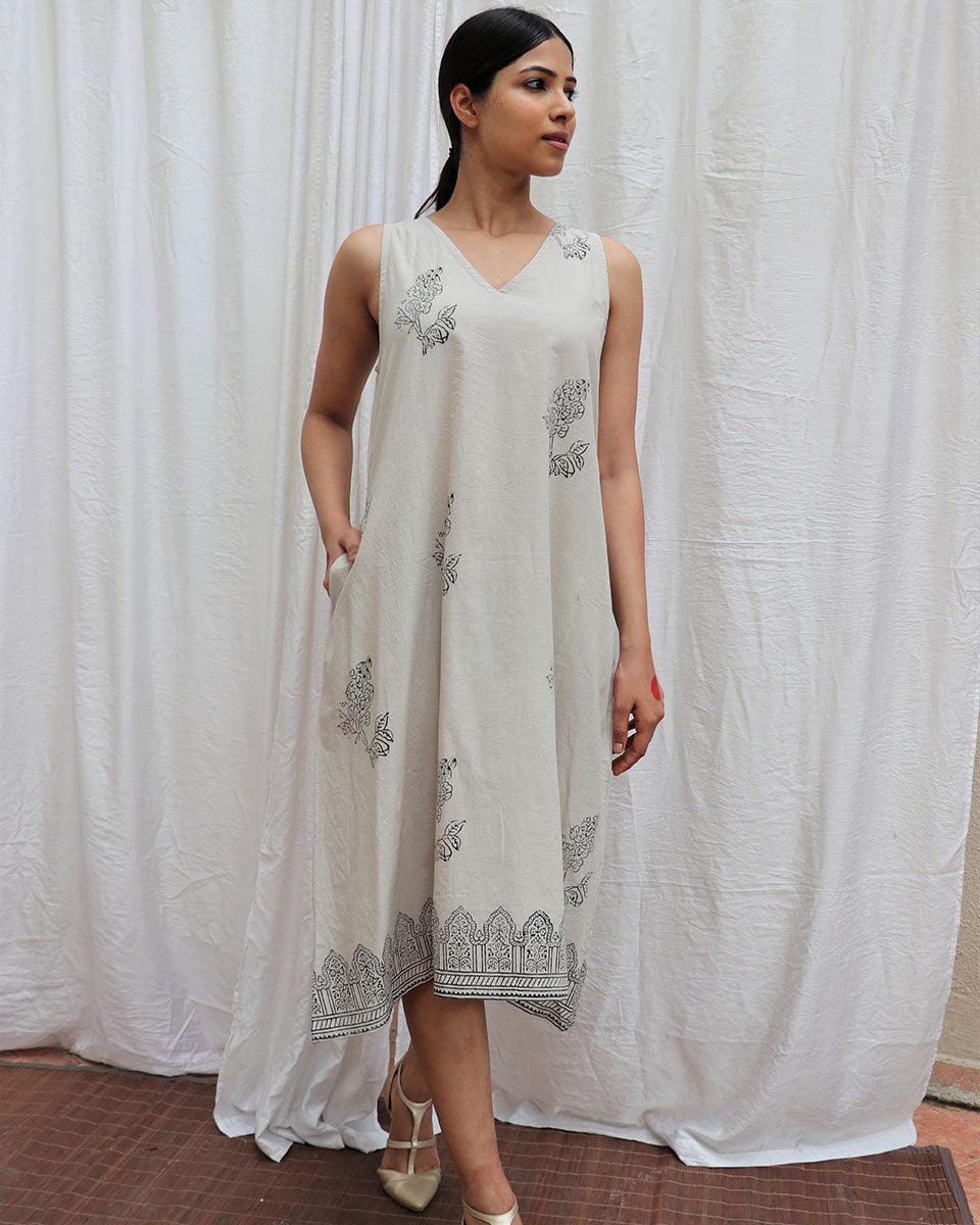 Ivory Mist Handblockprinted Cotton Dress-Sor