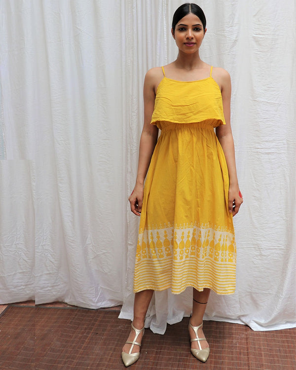 Mimosa Yellow Handblockprinted Cotton Dress-Sor