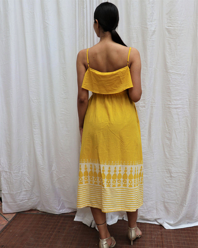 Mimosa Yellow Handblockprinted Cotton Dress-Sor