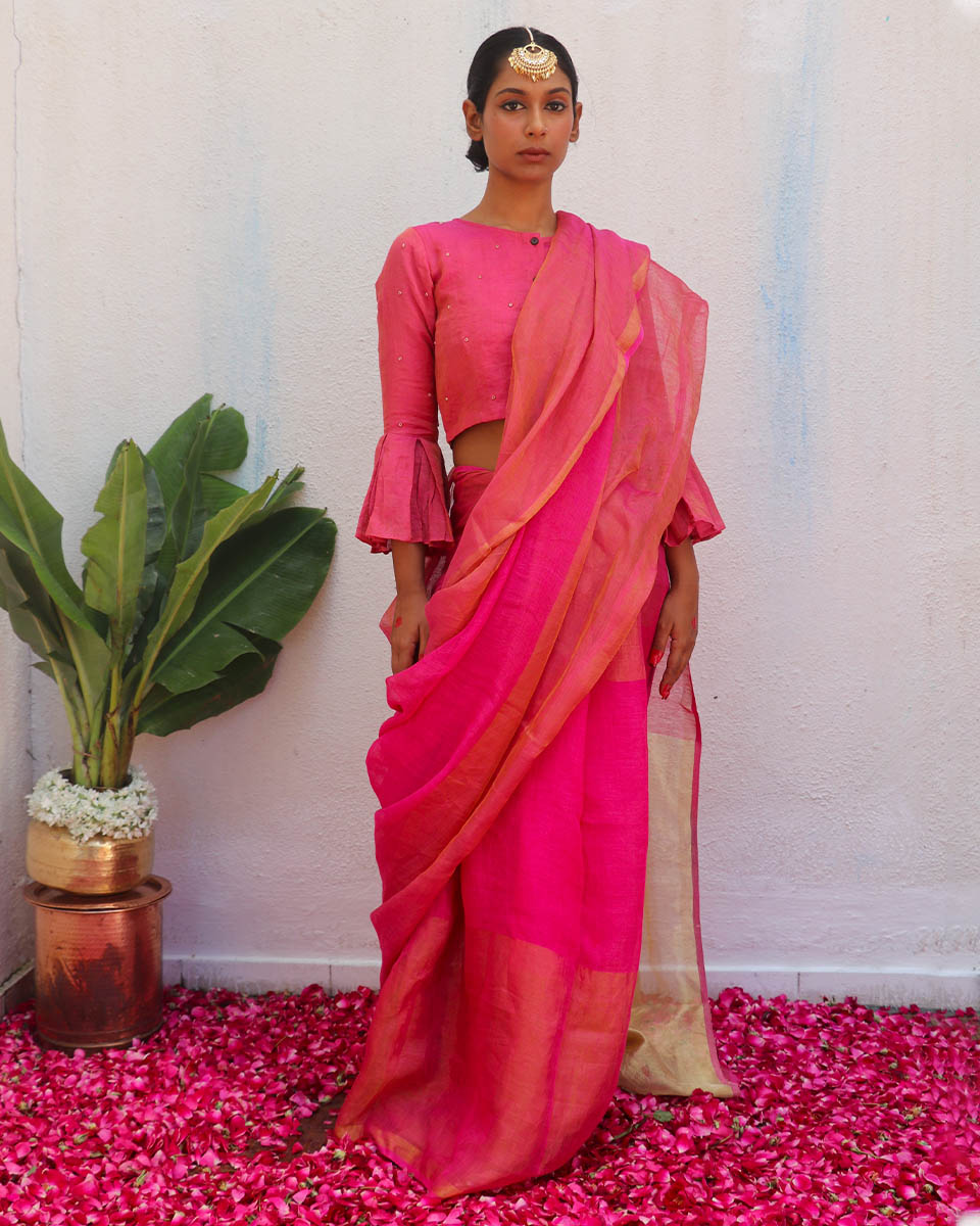 Ujjwala Handwoven Linen Zari Saree - Eknoor