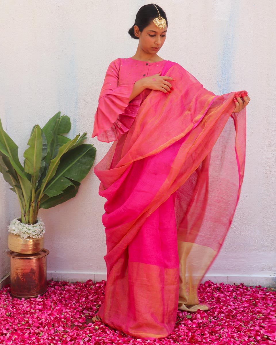 Ujjwala Pink Handwoven Linen Zari Saree - Eknoor